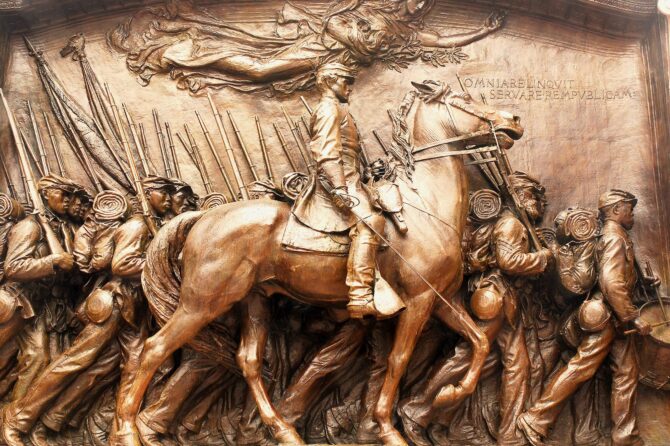 Memorial to the Massachusetts 54th. Relief showing soldiers by Robert Gould Shaw.