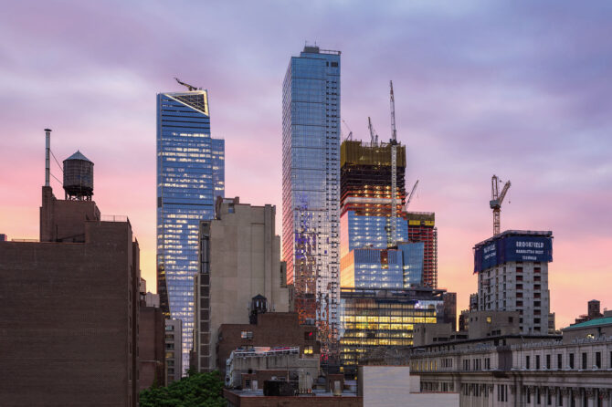 View of New York City skyline and office buildings.