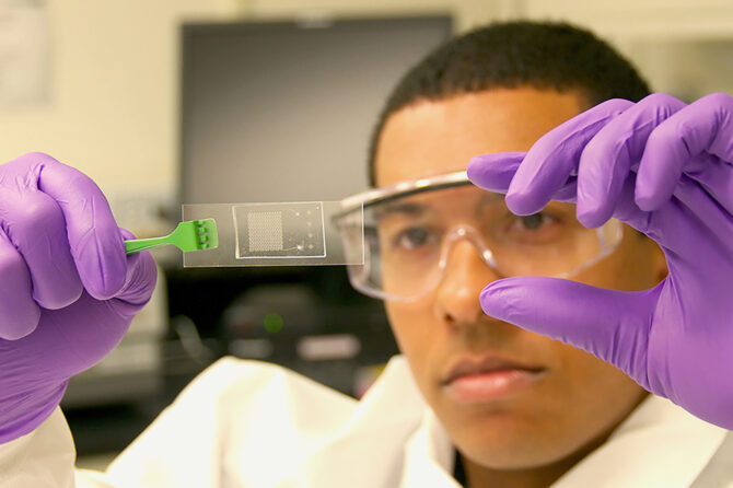 Premedical student examining a slide in a laboratory.