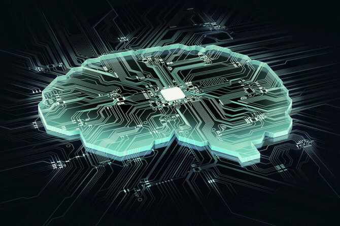 Stylized image of a human brain in the form of a microchip showing a processor and connections.