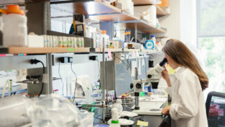 Scientist in a biology lab using a microscope.